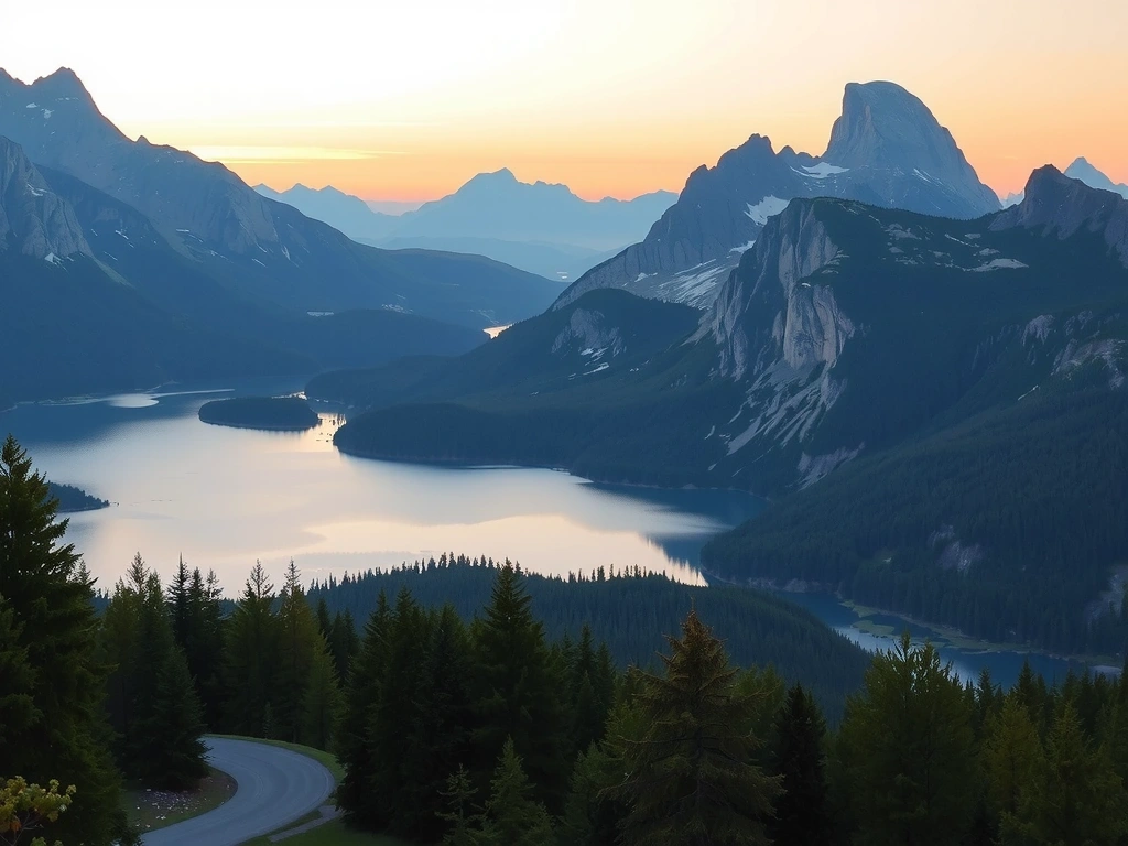A serene landscape with mountains, a clear lake, and a rising sun, symbolizing harmony