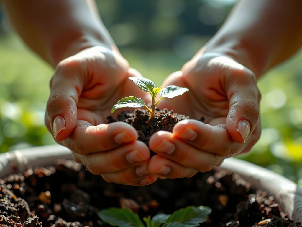 Hands gently holding a sprout, symbolizing natural growth and care