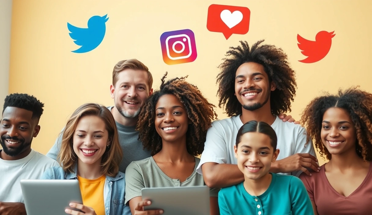 A diverse group of people connecting and collaborating digitally, with social media icons floating around them.